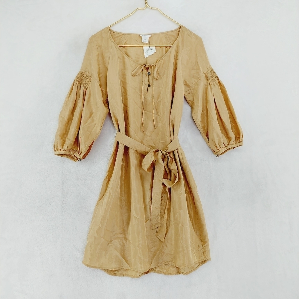 NEWClub Monaco Michelle Bohemian Tan Long Puff Sleeve Waist Tie Midi Dress P6732